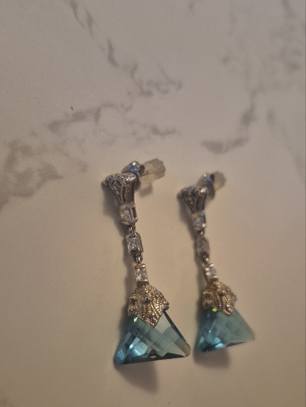 Vintage Swarovski Sterling Drop Earrings with Blue Topaz Triangle Dangles - Picture 3 of 3